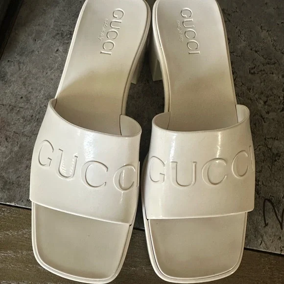 Gucci | Shoes | Gucci Cream Mules With Embossed Logo | Poshmark display picture 3
